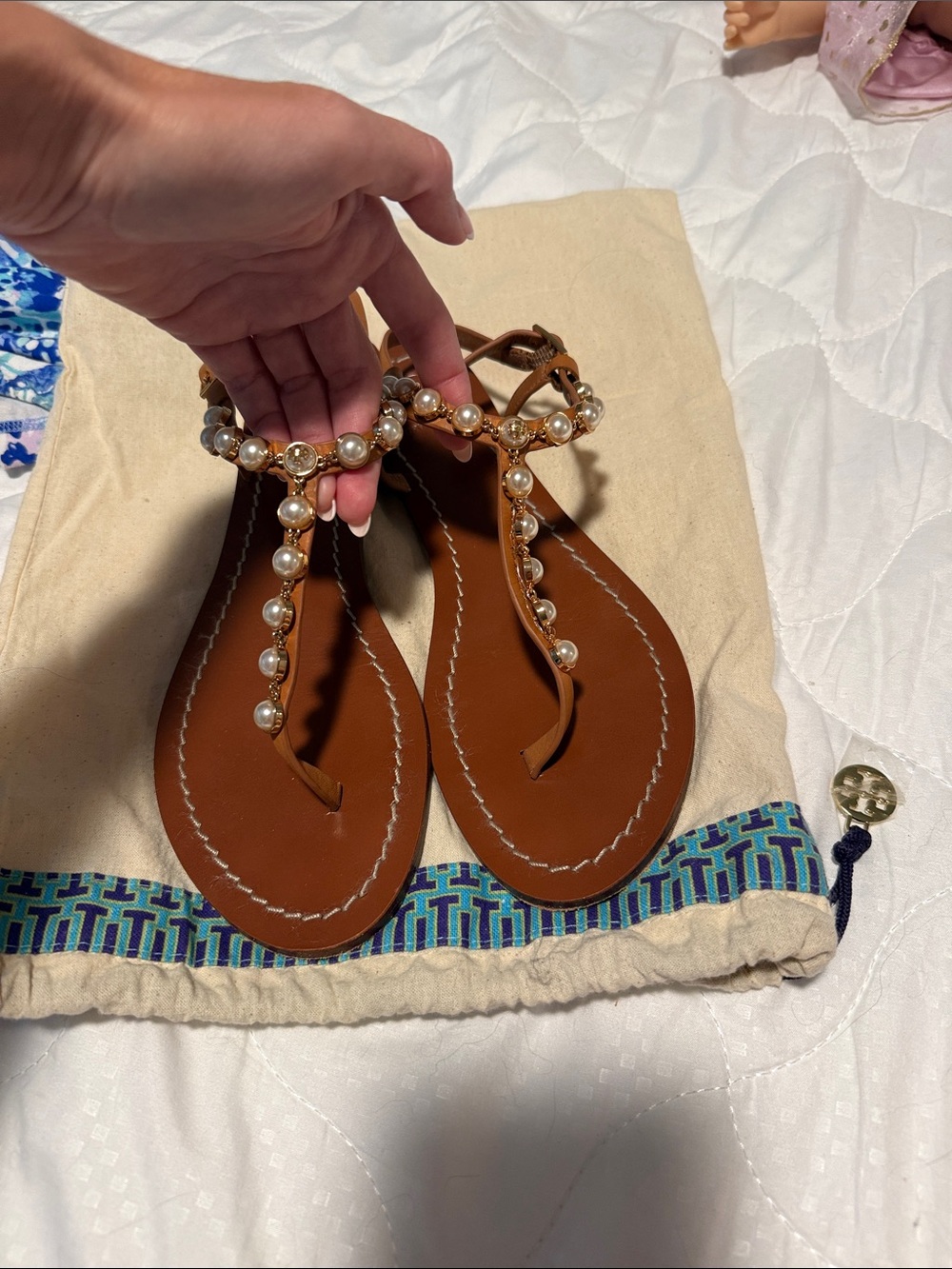 Tory Burch Brown Pearl-Embellished T-Strap Sandals with Ankle Tie